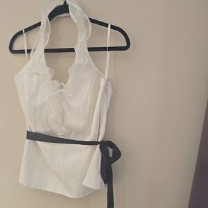 White House Black Market Ivory Halter Blouse with black Sash